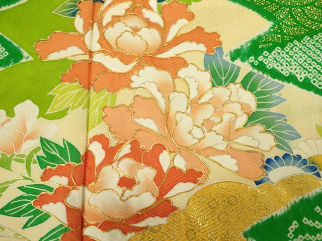 平和屋着物■豪華振袖　駒刺繍　絞り　松皮菱花松文　牡丹　金彩　正絹　逸品　DABJ2838ya