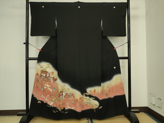 平和屋着物■豪華黒留袖　作家物　御所車人物花松文　暈し染め　金彩　正絹　逸品　DABJ2855ya