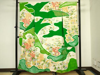 平和屋着物■豪華振袖　駒刺繍　絞り　御所車花文　金彩　正絹　逸品　DABJ2857ya