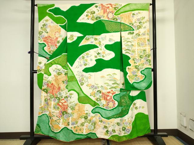 平和屋着物■豪華振袖　駒刺繍　絞り　御所車花文　金彩　正絹　逸品　DABJ2857ya