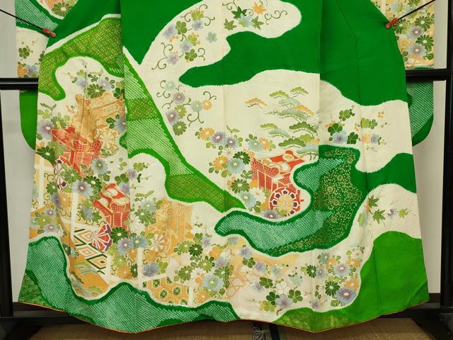 平和屋着物■豪華振袖　駒刺繍　絞り　御所車花文　金彩　正絹　逸品　DABJ2857ya