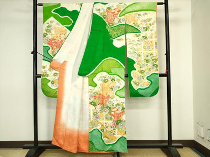 平和屋着物■豪華振袖　駒刺繍　絞り　御所車花文　金彩　正絹　逸品　DABJ2857ya