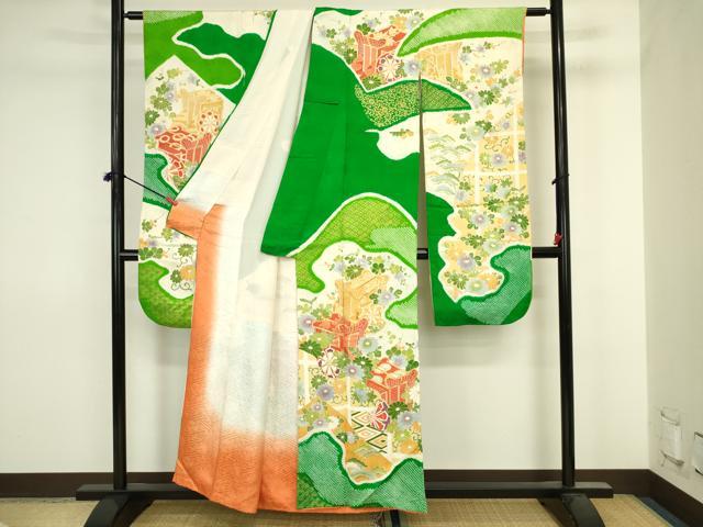 平和屋着物■豪華振袖　駒刺繍　絞り　御所車花文　金彩　正絹　逸品　DABJ2857ya