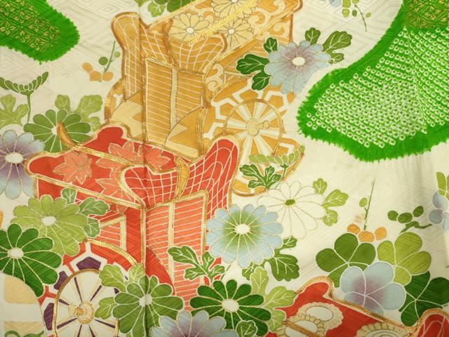 平和屋着物■豪華振袖　駒刺繍　絞り　御所車花文　金彩　正絹　逸品　DABJ2857ya
