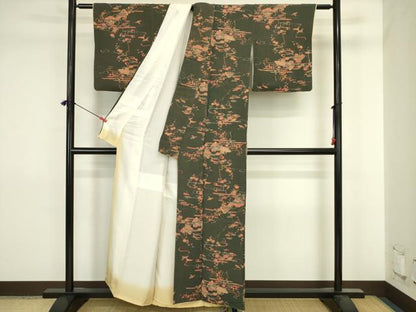 平和屋着物■上質な小紋　型染め　風景花文　鬼しぼ縮緬　正絹　逸品　DABJ2860ya