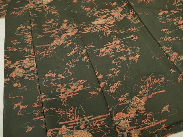 平和屋着物■上質な小紋　型染め　風景花文　鬼しぼ縮緬　正絹　逸品　DABJ2860ya