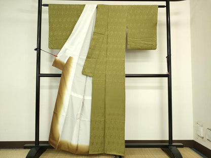 平和屋着物■上質な色無地　立涌花地紋　松葉色　正絹　逸品　DABJ2862ya