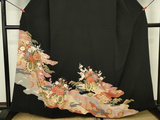 平和屋着物■豪華黒留袖　駒刺繍　花車文　金彩　正絹　逸品　DABJ2869ya