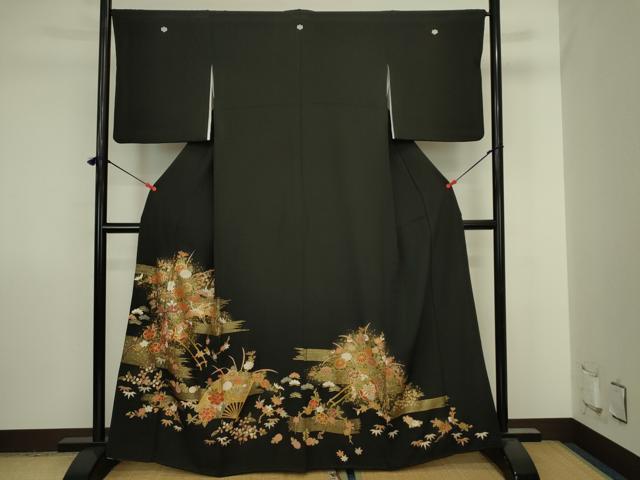 平和屋着物■豪華黒留袖　飛鶴扇面花車文　金彩　正絹　逸品　DABJ2870ya