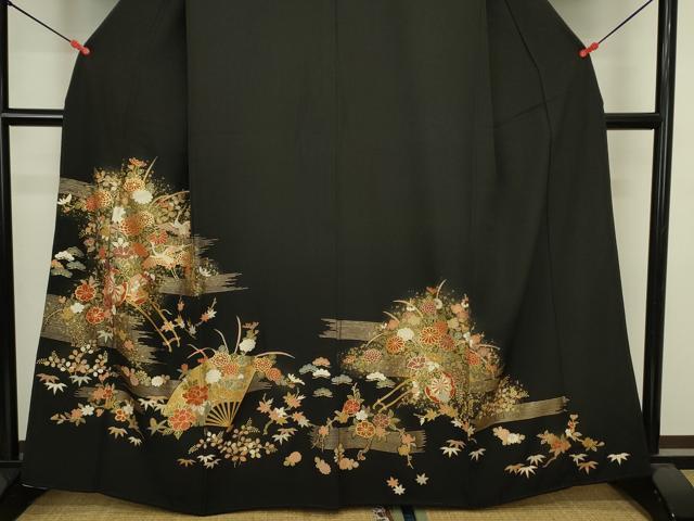 平和屋着物■豪華黒留袖　飛鶴扇面花車文　金彩　正絹　逸品　DABJ2870ya