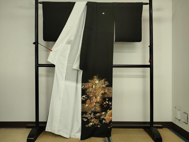 平和屋着物■豪華黒留袖　飛鶴扇面花車文　金彩　正絹　逸品　DABJ2870ya