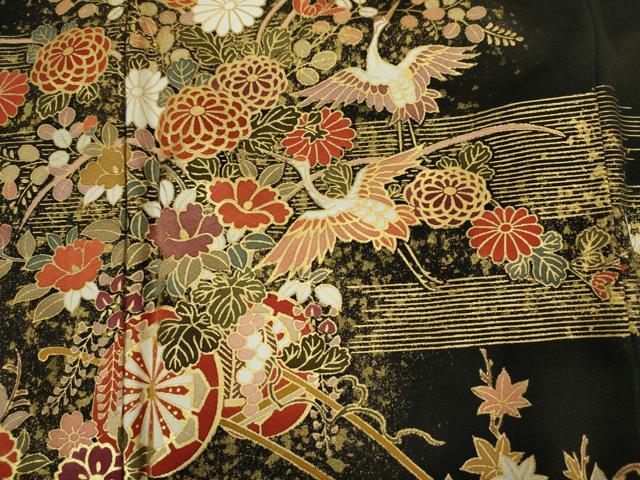 平和屋着物■豪華黒留袖　飛鶴扇面花車文　金彩　正絹　逸品　DABJ2870ya