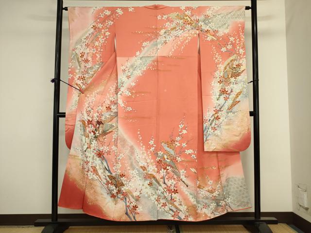 平和屋着物■豪華振袖　扇面御所車飛鶴花文　枝梅　暈し染め　金彩　正絹　逸品　DABJ2910ya
