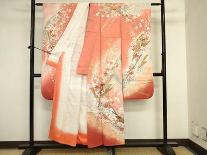 平和屋着物■豪華振袖　扇面御所車飛鶴花文　枝梅　暈し染め　金彩　正絹　逸品　DABJ2910ya