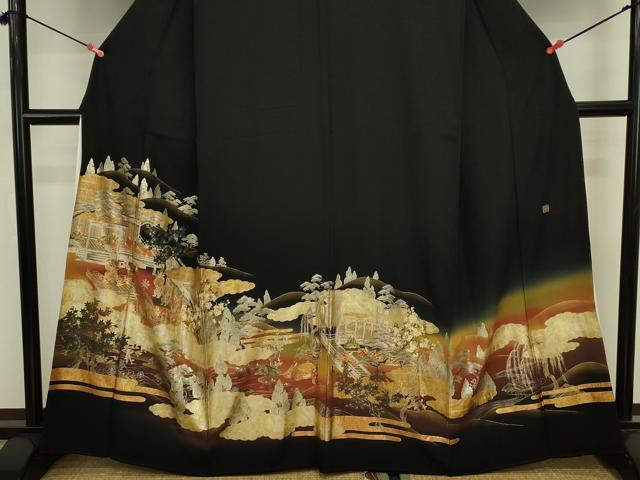 平和屋着物■豪華黒留袖　人物風景花松文　泰常　暈し染め　金彩　正絹　逸品　DABJ2911ya