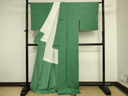 平和屋着物■上質な色無地　流水地紋　緑青色　ロング丈　正絹　逸品　DABJ2913ya