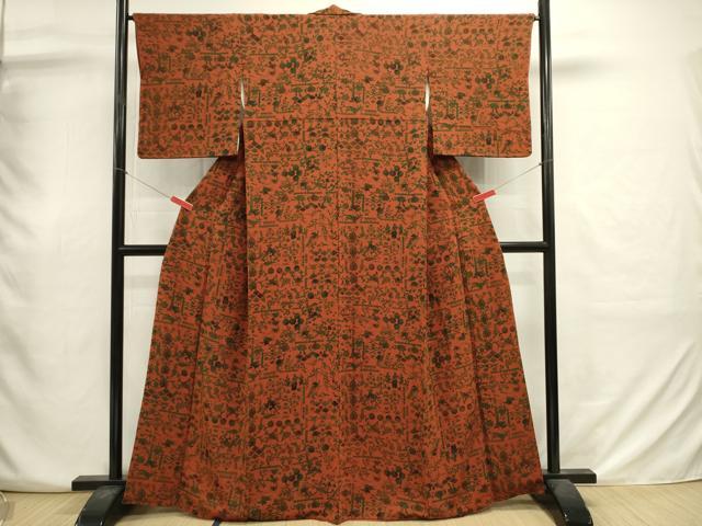 平和屋着物■上質な小紋　型染め　古代エジプト文様　鬼しぼ縮緬　正絹　逸品　DABJ2925ya