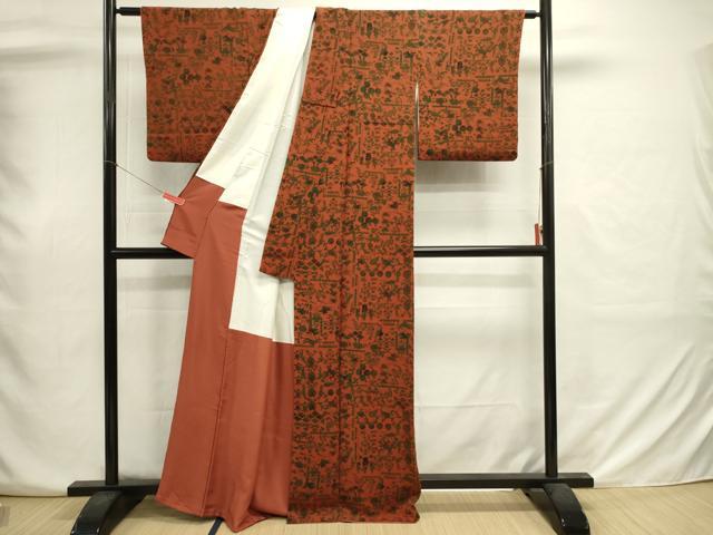 平和屋着物■上質な小紋　型染め　古代エジプト文様　鬼しぼ縮緬　正絹　逸品　DABJ2925ya