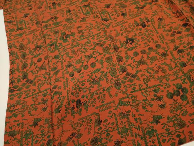 平和屋着物■上質な小紋　型染め　古代エジプト文様　鬼しぼ縮緬　正絹　逸品　DABJ2925ya