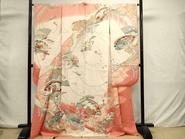 平和屋着物■豪華振袖　扇面飛鶴花松文　鴛鴦　暈し染め　金彩　正絹　逸品　DABJ2929ya
