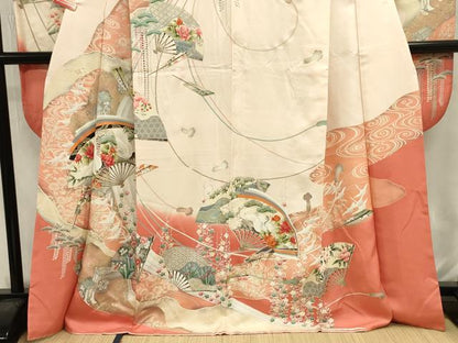 平和屋着物■豪華振袖　扇面飛鶴花松文　鴛鴦　暈し染め　金彩　正絹　逸品　DABJ2929ya