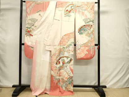 平和屋着物■豪華振袖　扇面飛鶴花松文　鴛鴦　暈し染め　金彩　正絹　逸品　DABJ2929ya