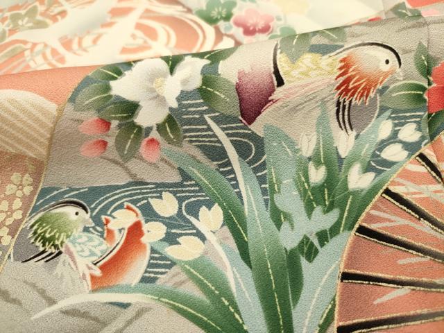 平和屋着物■豪華振袖　扇面飛鶴花松文　鴛鴦　暈し染め　金彩　正絹　逸品　DABJ2929ya