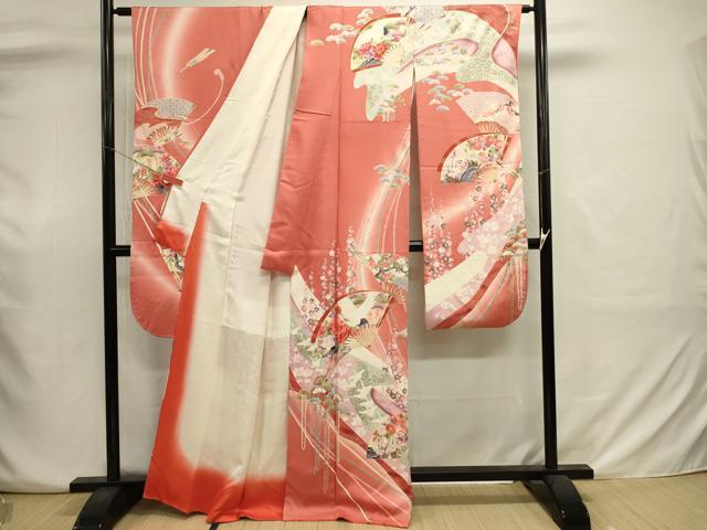 平和屋着物■豪華振袖　扇面花鳥文　暈し染め　金彩　正絹　逸品　DABJ2939ya