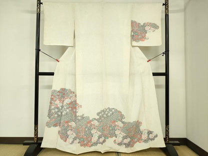 平和屋着物■訪問着　作家物　草花文　鬼しぼ縮緬　正絹　逸品　DABJ2958ya