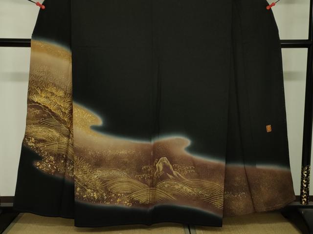 平和屋着物■豪華黒留袖　作家物　駒刺繍　立波風景松文　暈し染め　金彩　正絹　逸品　DABJ2990ya
