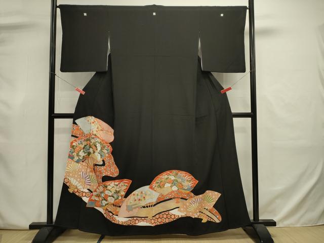平和屋着物■豪華黒留袖　駒刺繍　扇面花文　金彩　正絹　逸品　DABJ2992ya