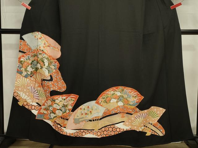 平和屋着物■豪華黒留袖　駒刺繍　扇面花文　金彩　正絹　逸品　DABJ2992ya