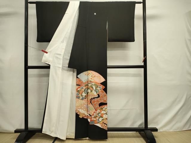 平和屋着物■豪華黒留袖　駒刺繍　扇面花文　金彩　正絹　逸品　DABJ2992ya