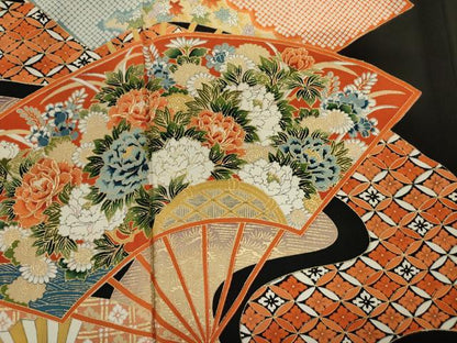 平和屋着物■豪華黒留袖　駒刺繍　扇面花文　金彩　正絹　逸品　DABJ2992ya