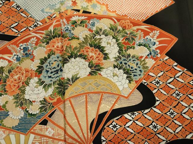 平和屋着物■豪華黒留袖　駒刺繍　扇面花文　金彩　正絹　逸品　DABJ2992ya