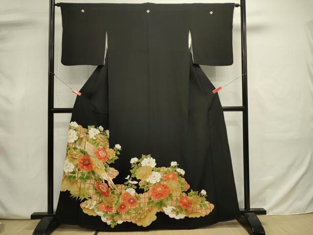 平和屋着物■豪華黒留袖　刺繍　草花文　尾長鳥　金彩　正絹　逸品　DABJ2995ya