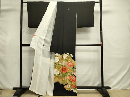 平和屋着物■豪華黒留袖　刺繍　草花文　尾長鳥　金彩　正絹　逸品　DABJ2995ya