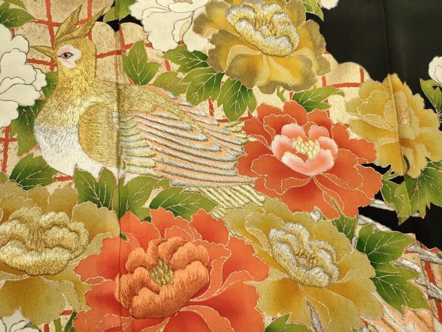 平和屋着物■豪華黒留袖　刺繍　草花文　尾長鳥　金彩　正絹　逸品　DABJ2995ya