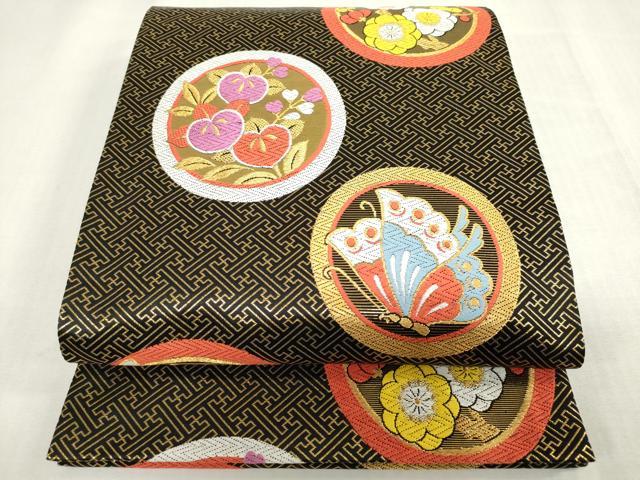 平和屋着物[]女の子　子供　全通柄袋帯　唐織　花蝶丸文　黒地　金糸　逸品　DABJ3001ea
