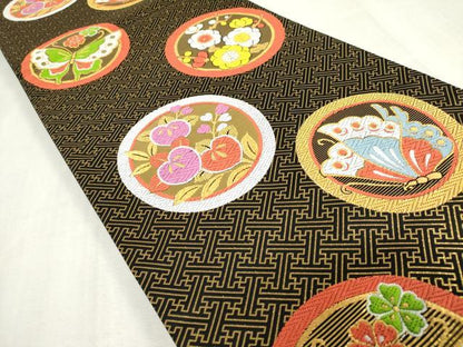 平和屋着物[]女の子　子供　全通柄袋帯　唐織　花蝶丸文　黒地　金糸　逸品　DABJ3001ea