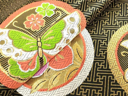 平和屋着物[]女の子　子供　全通柄袋帯　唐織　花蝶丸文　黒地　金糸　逸品　DABJ3001ea