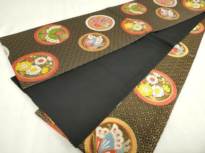 平和屋着物[]女の子　子供　全通柄袋帯　唐織　花蝶丸文　黒地　金糸　逸品　DABJ3001ea