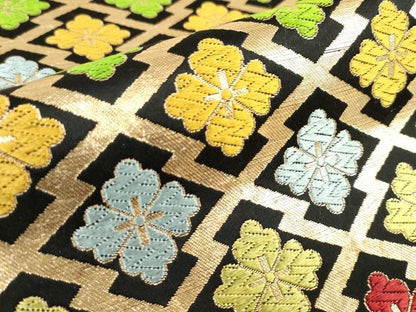 平和屋着物[]女の子　子供　全通柄袋帯　唐織　松皮菱花文　黒地　金糸　逸品　DABJ3002ea