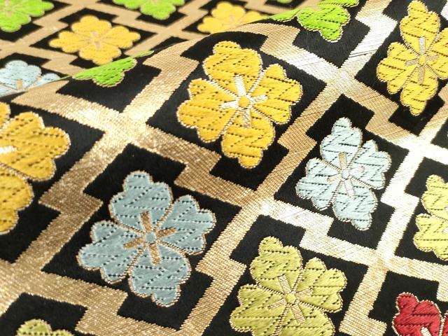平和屋着物[]女の子　子供　全通柄袋帯　唐織　松皮菱花文　黒地　金糸　逸品　DABJ3002ea