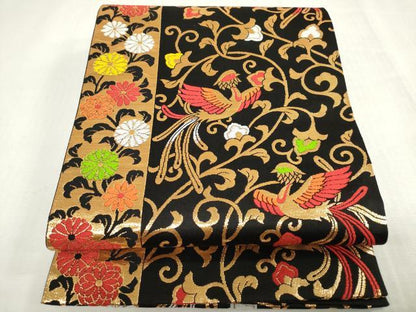平和屋着物[]女の子　子供　全通柄袋帯　鳳凰花唐草文　黒地　金糸　逸品　DABJ3004ea
