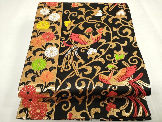 平和屋着物[]女の子　子供　全通柄袋帯　鳳凰花唐草文　黒地　金糸　逸品　DABJ3004ea