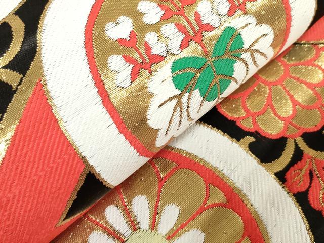 平和屋着物[]アンティーク　大正ロマン　女の子　子供　丸帯　桐花丸文　黒地　金糸　逸品　DABJ3006ea