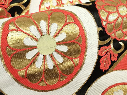 平和屋着物[]アンティーク　大正ロマン　女の子　子供　丸帯　桐花丸文　黒地　金糸　逸品　DABJ3006ea