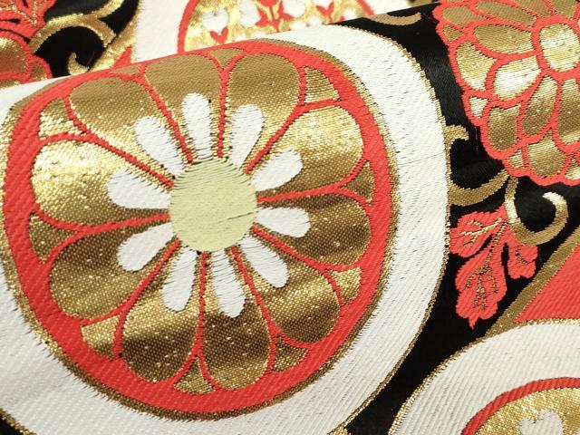 平和屋着物[]アンティーク　大正ロマン　女の子　子供　丸帯　桐花丸文　黒地　金糸　逸品　DABJ3006ea