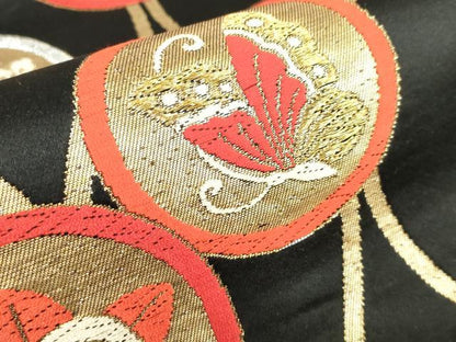 平和屋着物[]女の子　子供　六通柄袋帯　唐織　立涌文　家紋並べ　黒地　金銀糸　逸品　DABJ3008ea